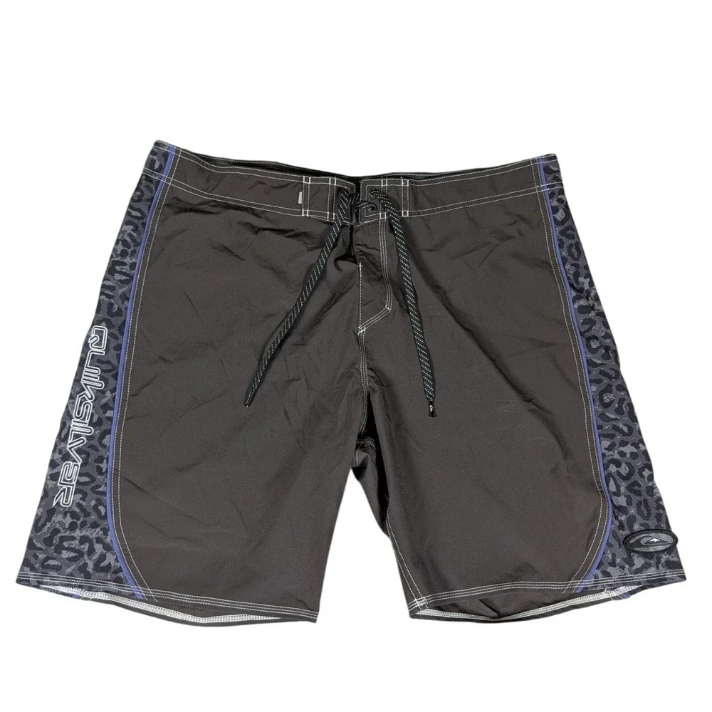 Quiksilver Highline SurfSilk Board Shorts Grey Leopard Print Swim Trunks Mens